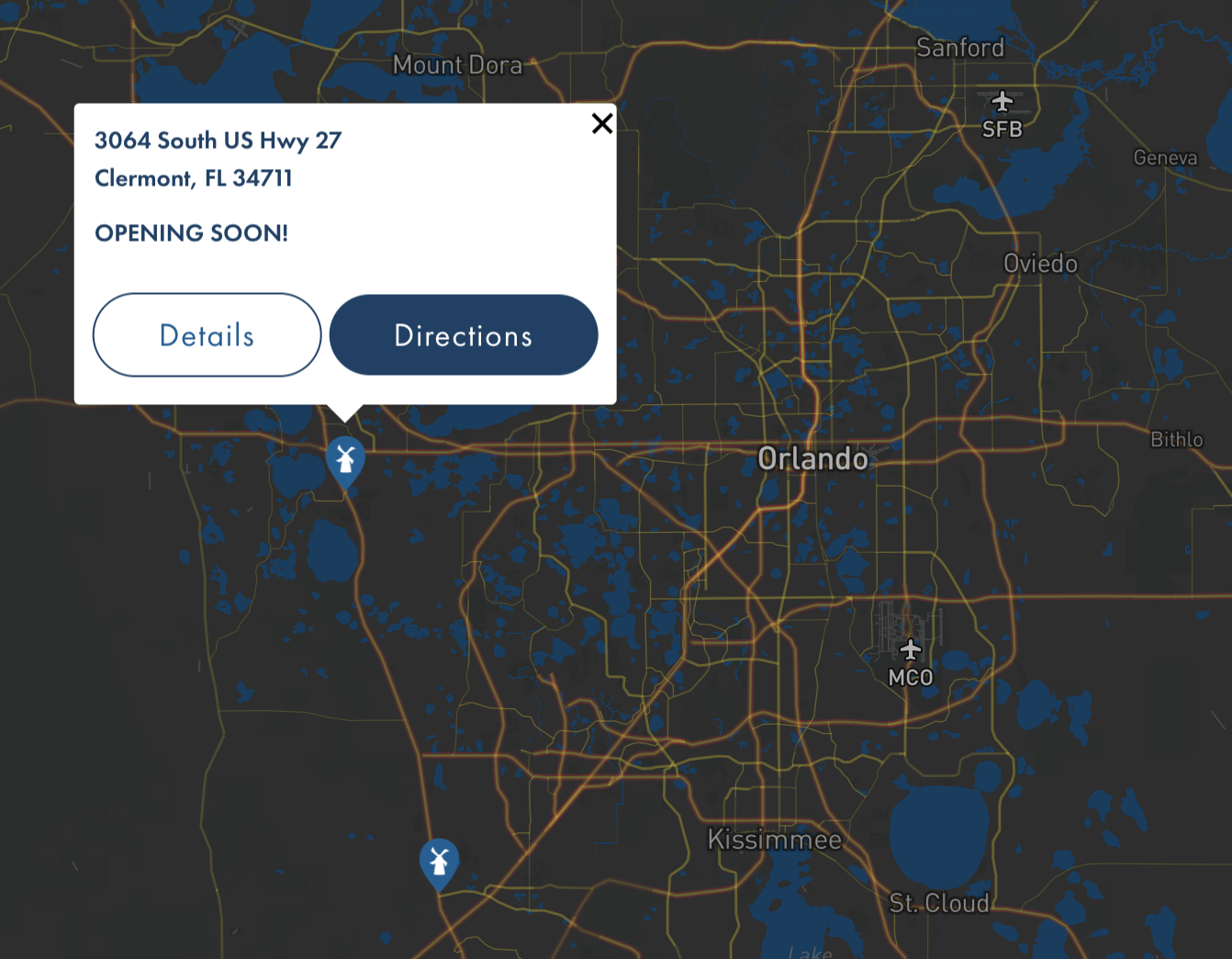 screenshot of orlando map with dutch bros locations highlighted